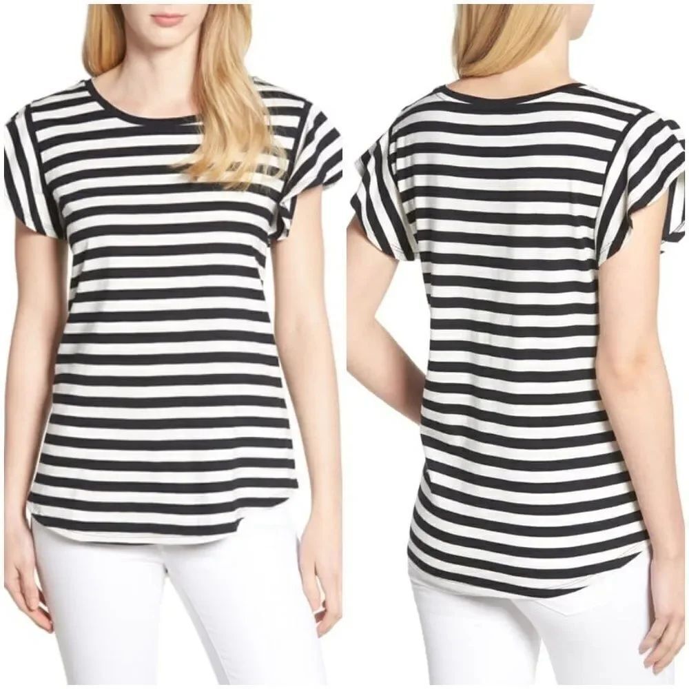 NEW Bobeau Flutter Sleeve Striped Tee sz XS
